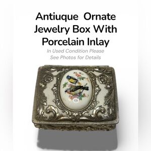Antique Silver Jewelry Box with Porcelain Bird Inlay